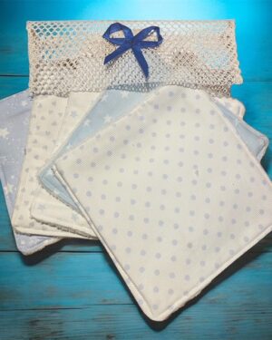 Lot de 5 lingettes lavables avec filet de rangement– Coton et fibre de bambou – Fait main