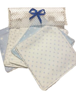 Lot de 5 lingettes lavables avec filet de rangement– Coton et fibre de bambou – Fait main