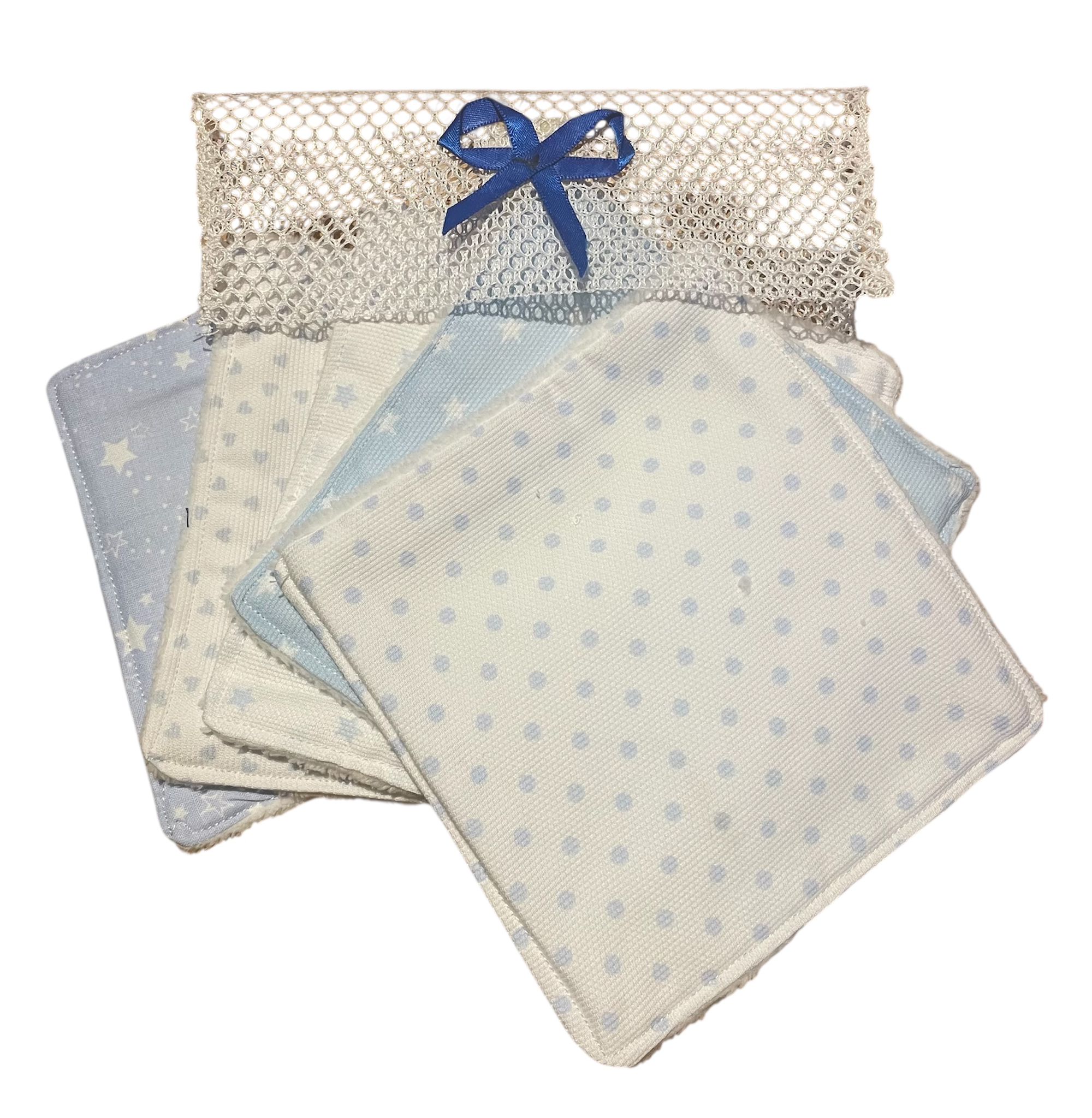 Lot de 5 lingettes lavables avec filet de rangement– Coton et fibre de bambou – Fait main